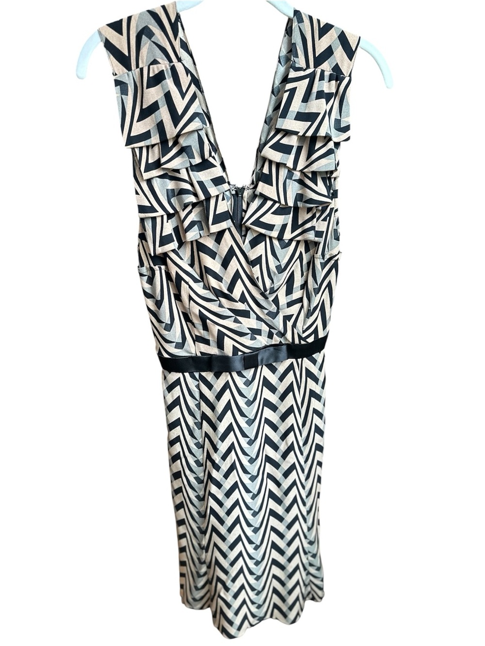 Tracy Reese Vintage Chevron Ruffle Silk V-Neck Dress SZ 12